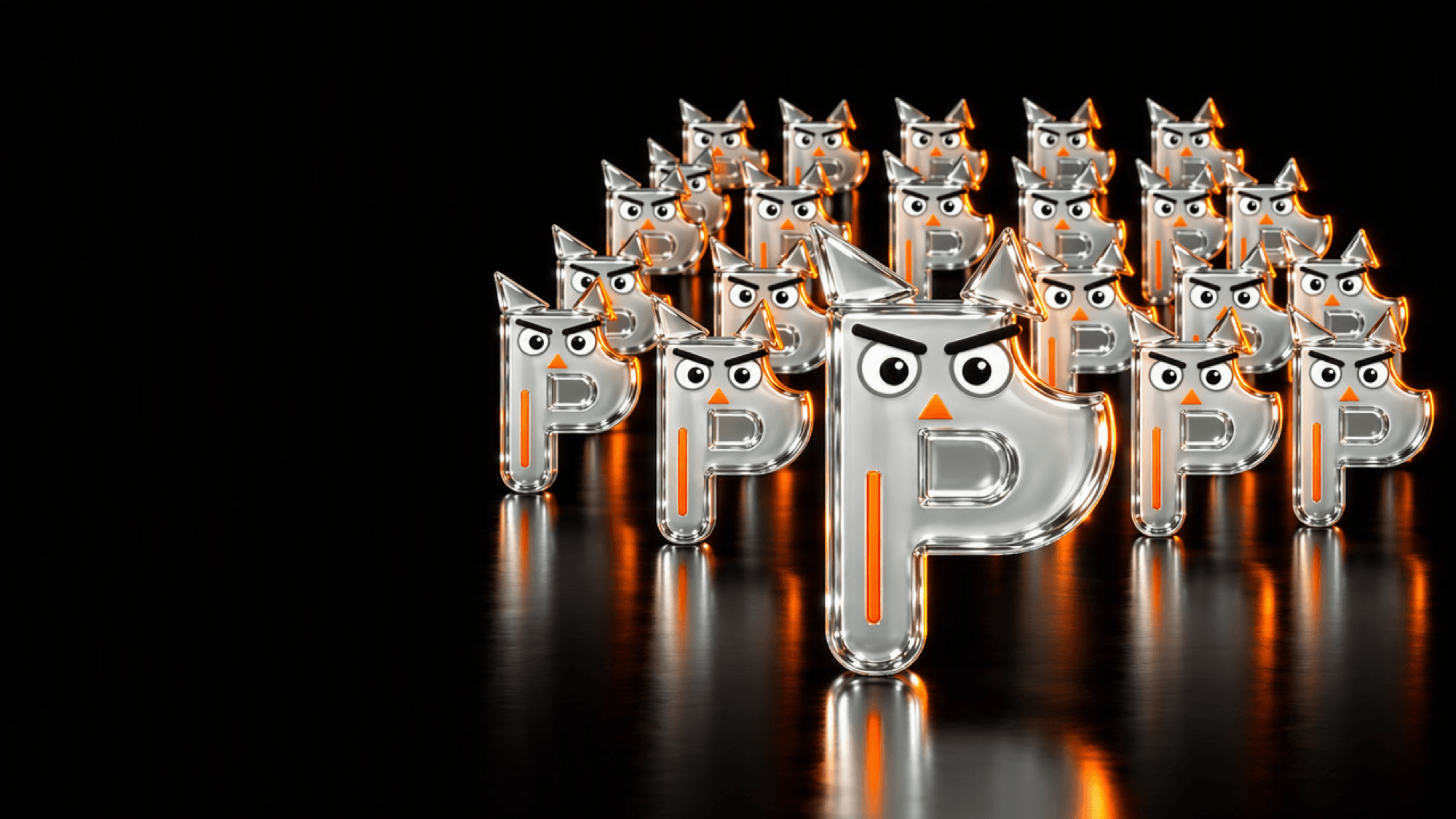 a crowd of glass owl-P figures on a black stage, one in front