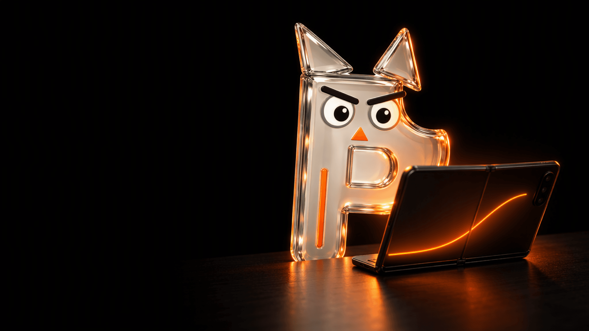 the owl-P at a desk, watching a folded phone that shows an orange curve