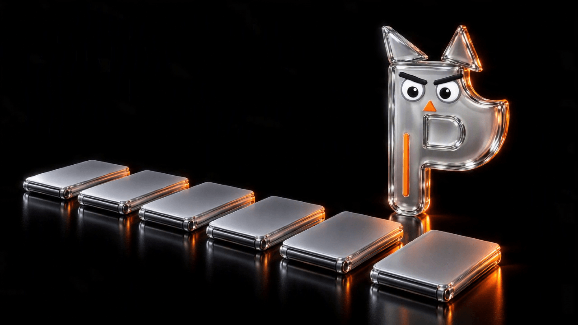 a row of six folded phones on a black floor, the owl-P standing at the end of the line